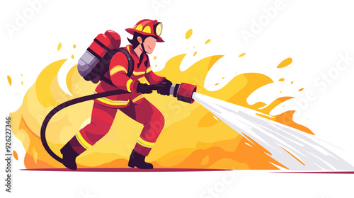 fire fighter with waterhose extinguishing fire, vector illustration in a flat style cartoon design with a simple background. activity lifestyle concept, isolated on a white color background.