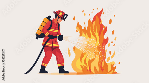 fire fighter with waterhose extinguishing fire, vector illustration in a flat style cartoon design with a simple background. activity lifestyle concept, isolated on a white color background.