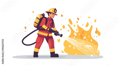 fire fighter with waterhose extinguishing fire, vector illustration in a flat style cartoon design with a simple background. activity lifestyle concept, isolated on a white color background.