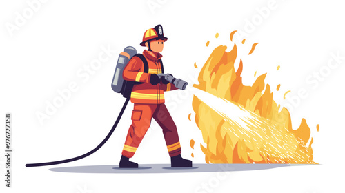 fire fighter with waterhose extinguishing fire, vector illustration in a flat style cartoon design with a simple background. activity lifestyle concept, isolated on a white color background.