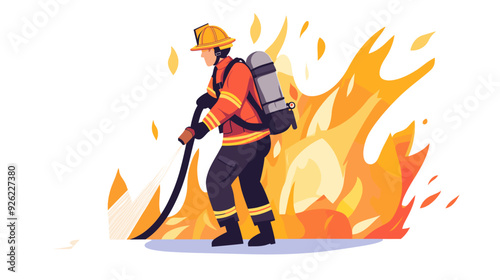 fire fighter with waterhose extinguishing fire, vector illustration in a flat style cartoon design with a simple background. activity lifestyle concept, isolated on a white color background.