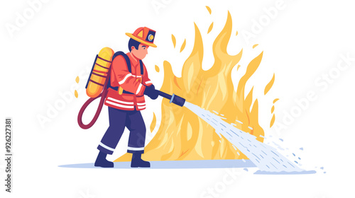 fire fighter with waterhose extinguishing fire, vector illustration in a flat style cartoon design with a simple background. activity lifestyle concept, isolated on a white color background.