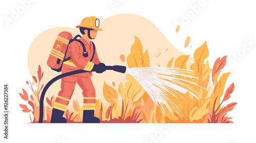 fire fighter with waterhose extinguishing fire, vector illustration in a flat style cartoon design with a simple background. activity lifestyle concept, isolated on a white color background.