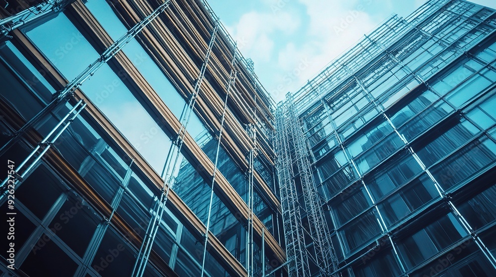 Urban Skyline: A low angle perspective captures the towering facade of a modern glass skyscraper, its reflective surfaces reflecting the sky and surrounding cityscape. Urban Skyline: A low angle perspective captures the towering facade of a modern glass skyscraper, its reflective surfaces reflecting the sky and surrounding cityscape.