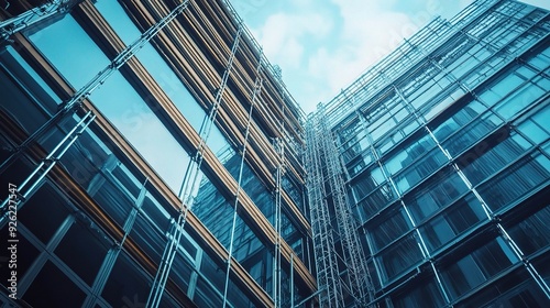 Urban Skyline: A low angle perspective captures the towering facade of a modern glass skyscraper, its reflective surfaces reflecting the sky and surrounding cityscape.