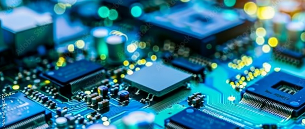 Closeup of Advanced Microkeeper Circuit Board in Blue and Teal Tones. Closeup of Advanced Microkeeper Circuit Board in Blue and Teal Tones.