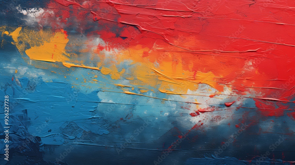 Fototapeta premium Abstract acrylic painting with blue, orange, and red colors.