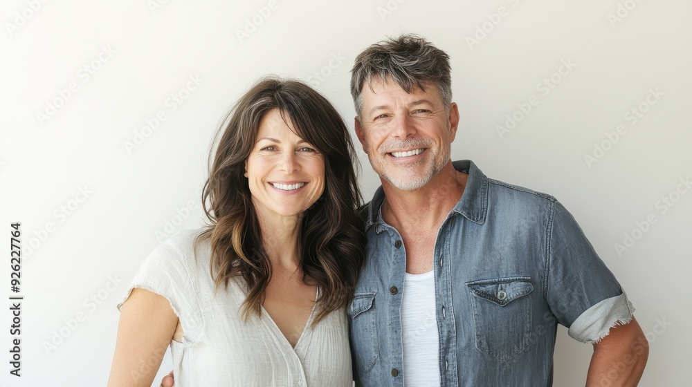 A cheerful couple stands together, both smiling warmly at the camera, showcasing their friendly demeanor A cheerful couple stands together, both smiling warmly at the camera, showcasing their friendly demeanor