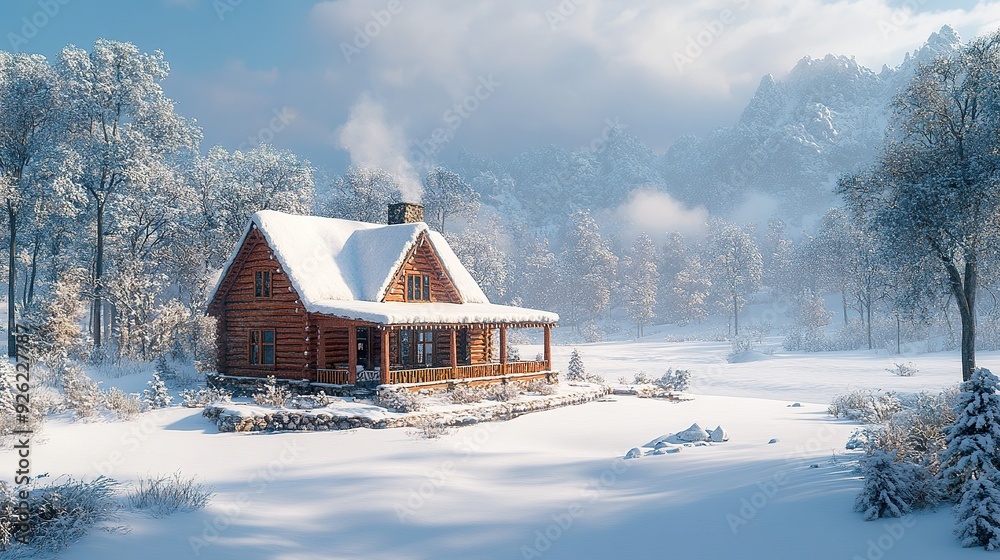 A warm and inviting holiday cabin with a large porch and snow-covered landscape A warm and inviting holiday cabin with a large porch and snow-covered landscape