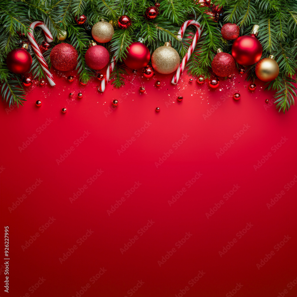 Red Holiday Background with Christmas Garland with Copy-Space