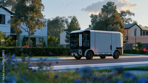 A modern delivery truck driving through a residential neighborhood, showcasing innovative vehicle design and urban living.
