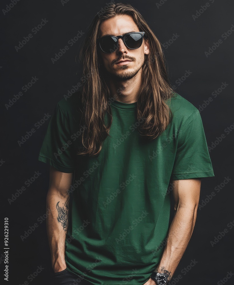 Model poses confidently in a blank t-shirt, showcasing his cool, rebellious style Model poses confidently in a blank t-shirt, showcasing his cool, rebellious style