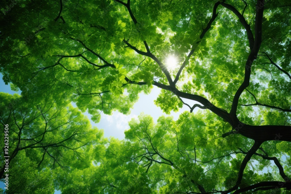 Obraz premium Tree canopy green sunlight outdoors.