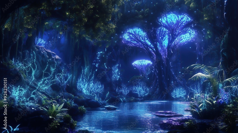 Fantasy world with glowing bioluminescence Avatar trees
