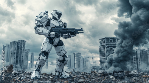 3D illustration of a sci-fi mech in an attacking pose, standing amidst city ruins with an assault gun in one hand, set against stormy clouds. Represents an apocalypse concept with a storm trooper robo photo