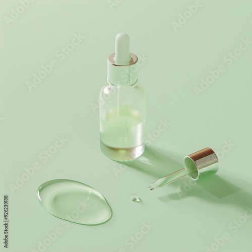 A pristine glass serum bottle with a dropper is displayed on a pastel green background, emphasizing simplicity and elegance in beauty care.