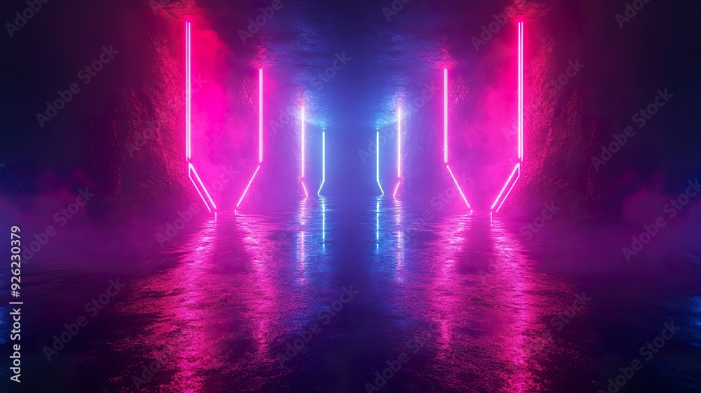 Dark backdrop with neon lights forming abstract shapes Dark backdrop with neon lights forming abstract shapes