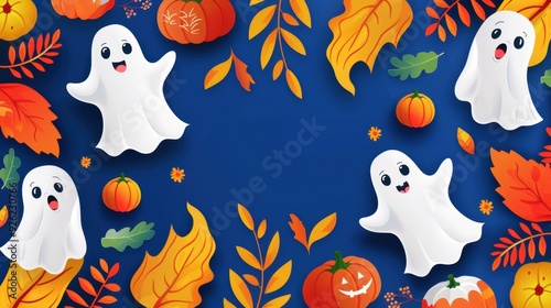 High-resolution vector of an abstract cute Halloween background with charming ghosts and vibrant patterns, artistic and fun design