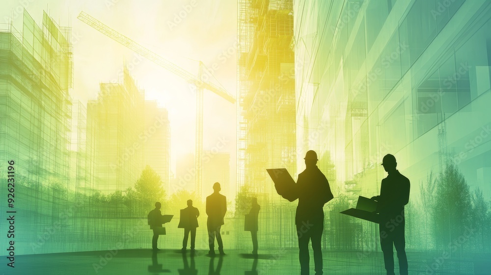 Fototapeta premium Architects and engineers embrace green building practices in construction blueprints