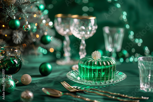 Vintage retro green Christmas tablescape jelly gelatine mold dessert centerpiece festive 50s holiday table setting ornaments glassware classic nostalgic dinner party winter holiday seasonal theme photo