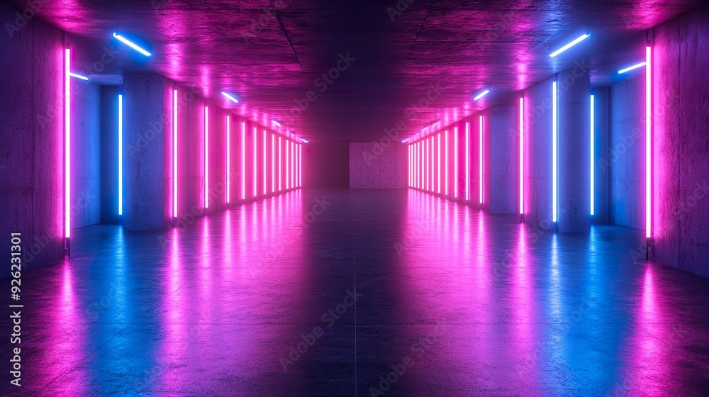 Endless metallic corridor illuminated with neon lighting Endless metallic corridor illuminated with neon lighting