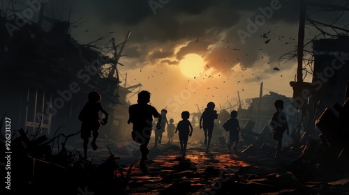Silhouettes of a group of children running through a war-damaged street,