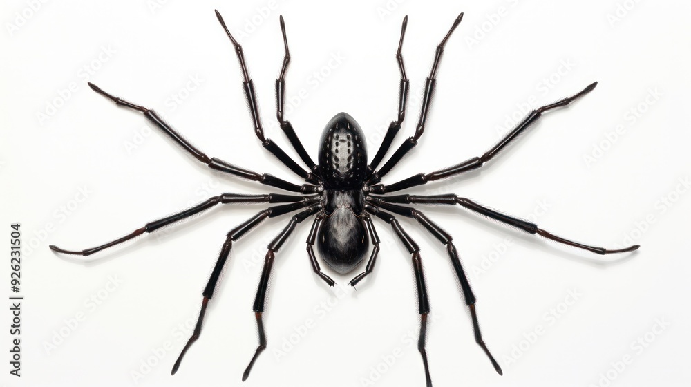The outline of a spider, fully visible in black, set against a clean white backdrop, The outline of a spider, fully visible in black, set against a clean white backdrop,
