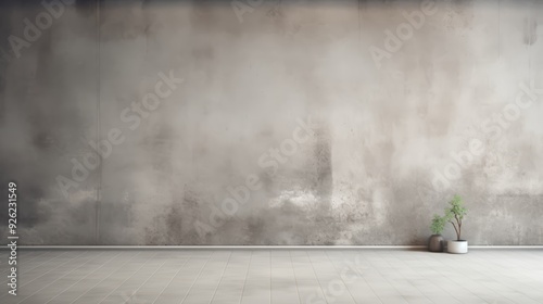 Empty room with concrete wall and white tiled floor, a small plant is on the floor.