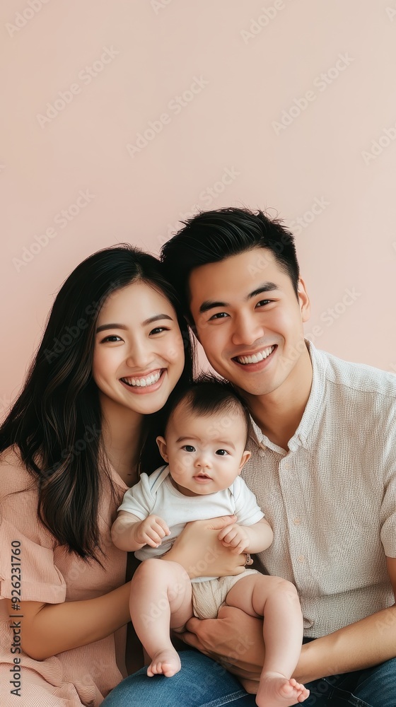 A happy couple smiles widely while holding their adorable baby between them A happy couple smiles widely while holding their adorable baby between them