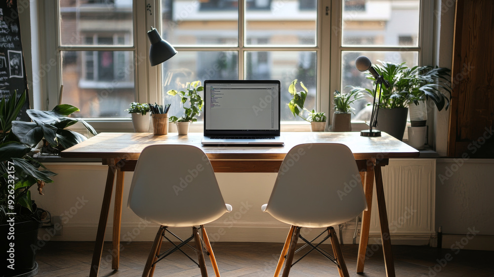 A table and two chairs set up for recording a podcast, creating a cozy and inviting atmosphere. A table and two chairs set up for recording a podcast, creating a cozy and inviting atmosphere.
