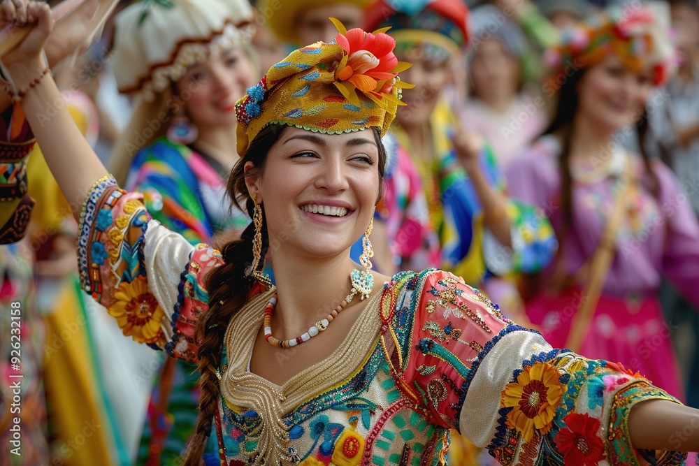 A woman in a colorful outfit is smiling and dancing. Concept of joy and celebration, as the woman is participating in a cultural event or festival A woman in a colorful outfit is smiling and dancing. Concept of joy and celebration, as the woman is participating in a cultural event or festival