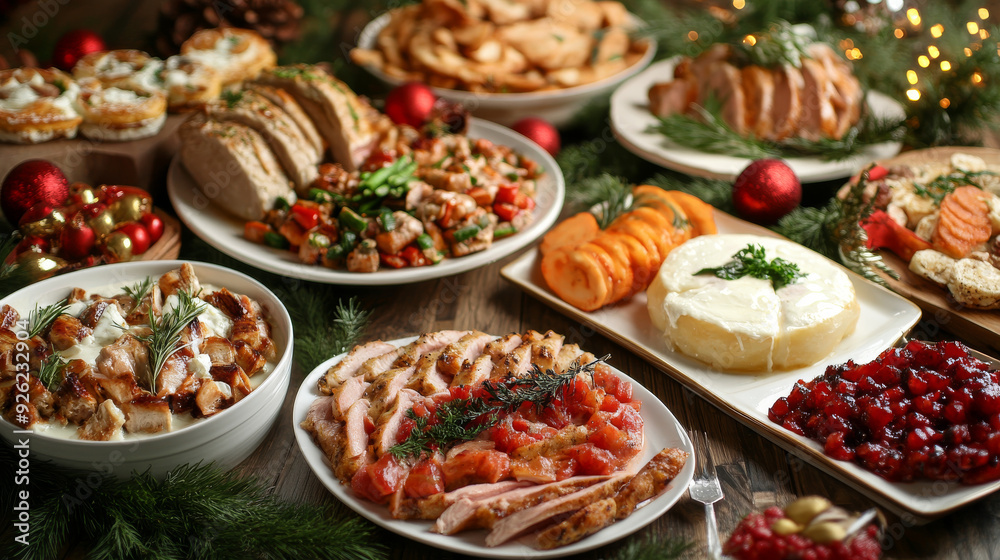 A selection of dishes arranged on the table, ready for family and friends’ gatherings on New Year's Eve. Various food preparation ideas for festive parties during the holiday season. A selection of dishes arranged on the table, ready for family and friends’ gatherings on New Year's Eve. Various food preparation ideas for festive parties during the holiday season.