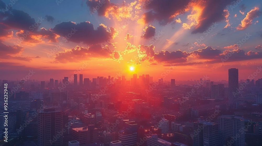 Fototapeta premium City Sunset: A stunning sunset view over a city skyline, with the buildings bathed in golden light and the sky painted in hues of orange and pink.