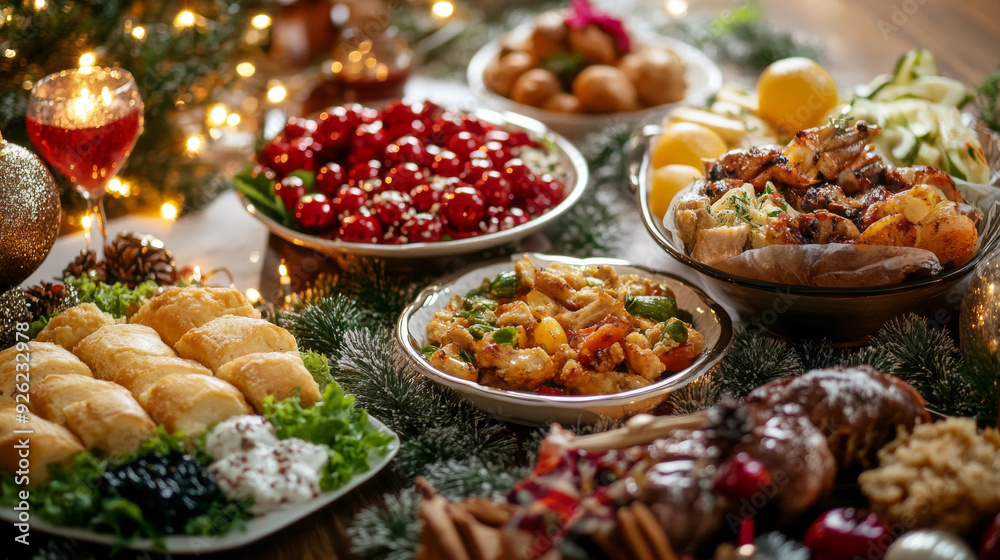 A selection of dishes arranged on the table, ready for family and friends’ gatherings on New Year's Eve. Various food preparation ideas for festive parties during the holiday season. A selection of dishes arranged on the table, ready for family and friends’ gatherings on New Year's Eve. Various food preparation ideas for festive parties during the holiday season.