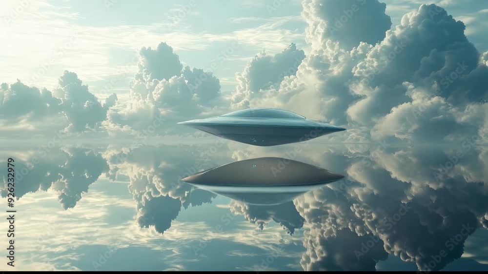 UFOs. metallic oval objects in the sky reflecting on the water surface ...