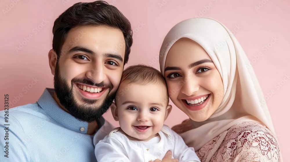 A happy family is smiling together, holding their baby in front of a pastel backdrop A happy family is smiling together, holding their baby in front of a pastel backdrop