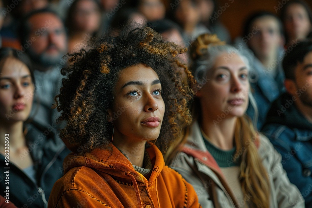 A woman with curly hair is sitting in a crowd of people A woman with curly hair is sitting in a crowd of people