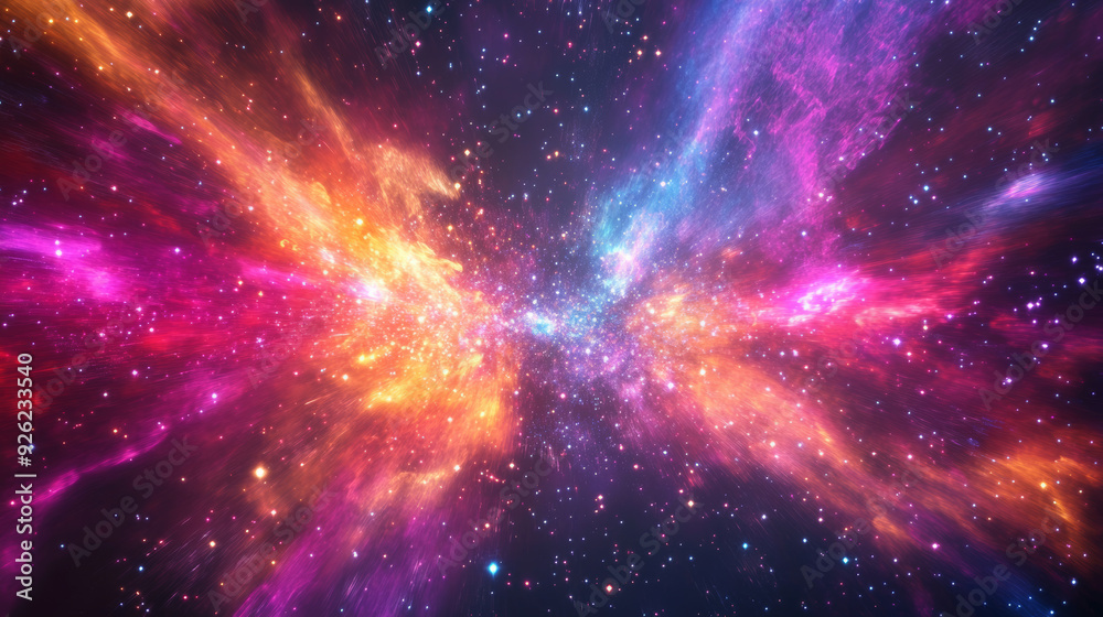 Abstract background with neon glow colors, depicting an explosion in the universe. Ideal for events, parties, and celebrations, illustrating the speed of light in a galaxy.