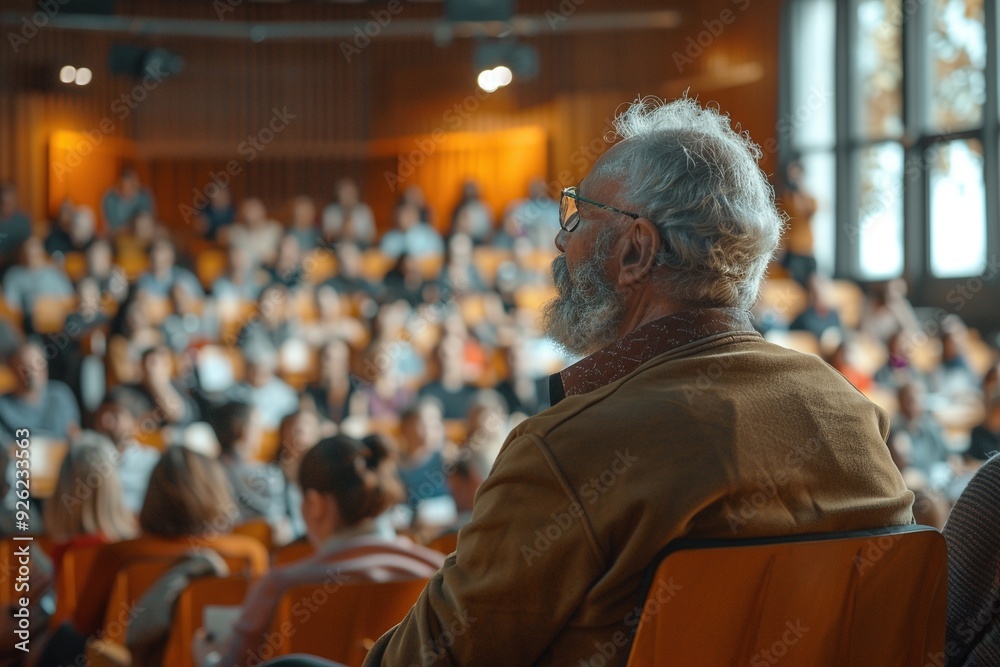 An older man sits in a chair in a large auditorium An older man sits in a chair in a large auditorium