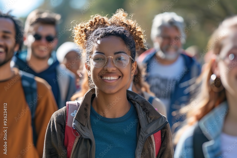 A smiling woman with glasses stands in a crowd of people A smiling woman with glasses stands in a crowd of people