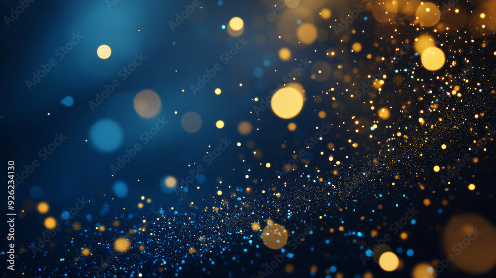 Abstract background featuring dark blue and gold particles. Includes Christmas-themed golden light shine particles and bokeh effects on a navy blue backdrop, with a gold foil texture. Abstract background featuring dark blue and gold particles. Includes Christmas-themed golden light shine particles and bokeh effects on a navy blue backdrop, with a gold foil texture.