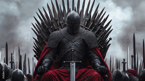 Battle-scarred king on a throne made of swords, enemies kneeling before him, symbolizing absolute victory and rule photo