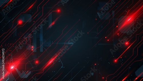 Abstract Circuit Board Design with Red Light Beams and Details.