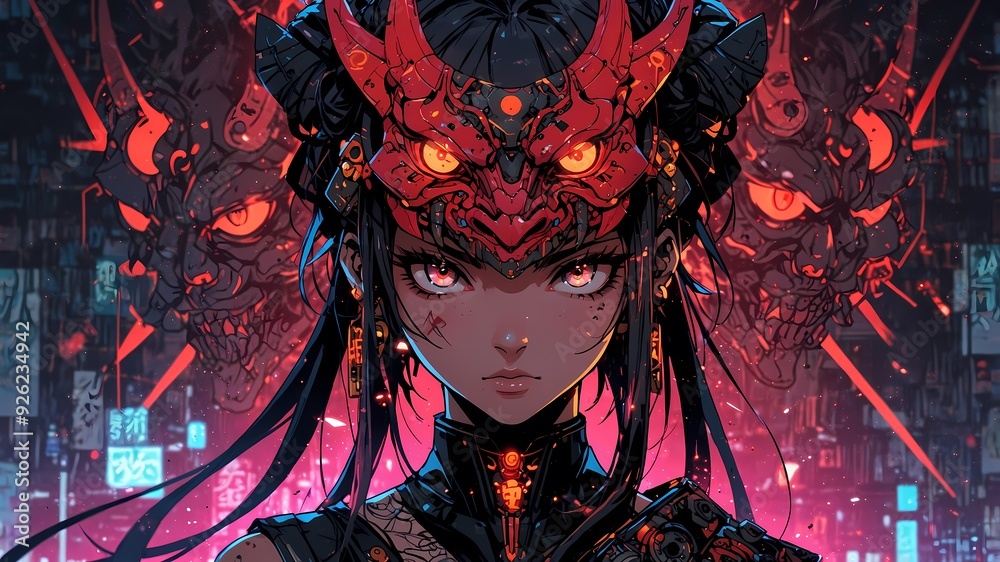 Obraz premium Cyberpunk Anime Fusion: Japanese Demon Masks Meet Futuristic Design in a Striking Visual Masterpiece