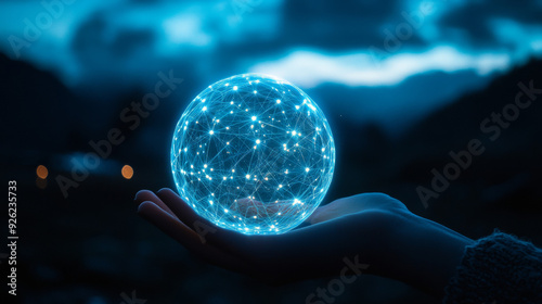 Abstract science concept featuring a global network connection represented by a circle, with hands holding it against a night sky background, in a soft focus and blue tone.