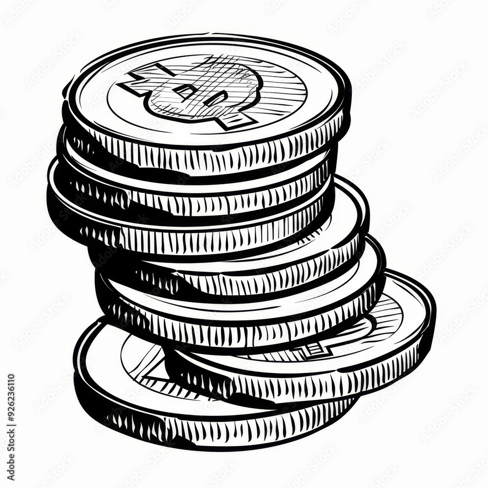 Black Line Drawing of a Stack of Coins, Generative AI Illustration Black Line Drawing of a Stack of Coins, Generative AI Illustration