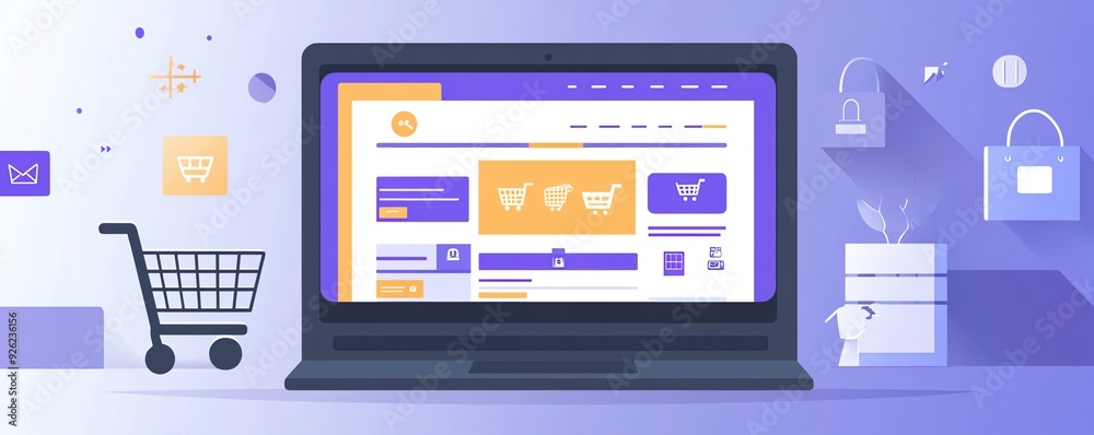 A flat art illustration of a laptop screen displaying an eCommerce website with product listings and a shopping cart icon high detailed A flat art illustration of a laptop screen displaying an eCommerce website with product listings and a shopping cart icon high detailed