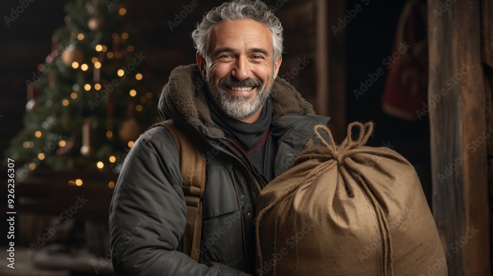 Santa claus with large sack of colorful gifts, bringing joy for festive christmas celebrations Santa claus with large sack of colorful gifts, bringing joy for festive christmas celebrations