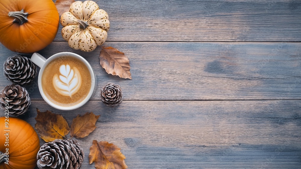 Cozy Autumn Border Banner with Pine Cones, Pumpkins, Dried Leaves, and Pumpkin Latte on Dark Grey Stone Top - Thanksgiving Fall Background with Copy Space, Top View Flat Lay Cozy Autumn Border Banner with Pine Cones, Pumpkins, Dried Leaves, and Pumpkin Latte on Dark Grey Stone Top - Thanksgiving Fall Background with Copy Space, Top View Flat Lay