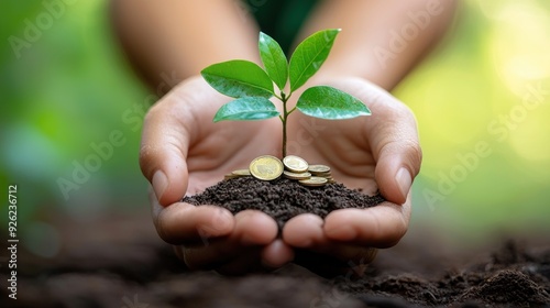 A close-up of hands holding a small sapling with coins replacing leaves, representing the concept of investing and growing wealth over time. The background is soft and blurred, allowing the viewer to